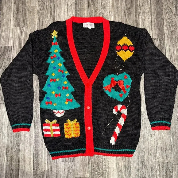Vintage Spice of Life Black Christmas Holiday Cardigan Ugly Sweater Size Medium - Picture 1 of 7